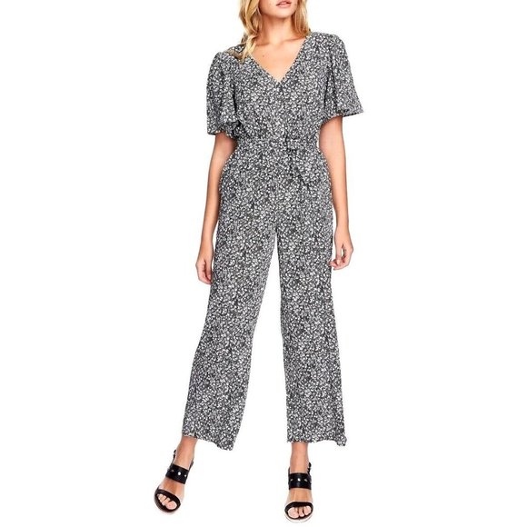 1.STATE Floral Flutter Sleeve Tie Waist Jumpsuit In Rich Black and White M - Picture 1 of 12